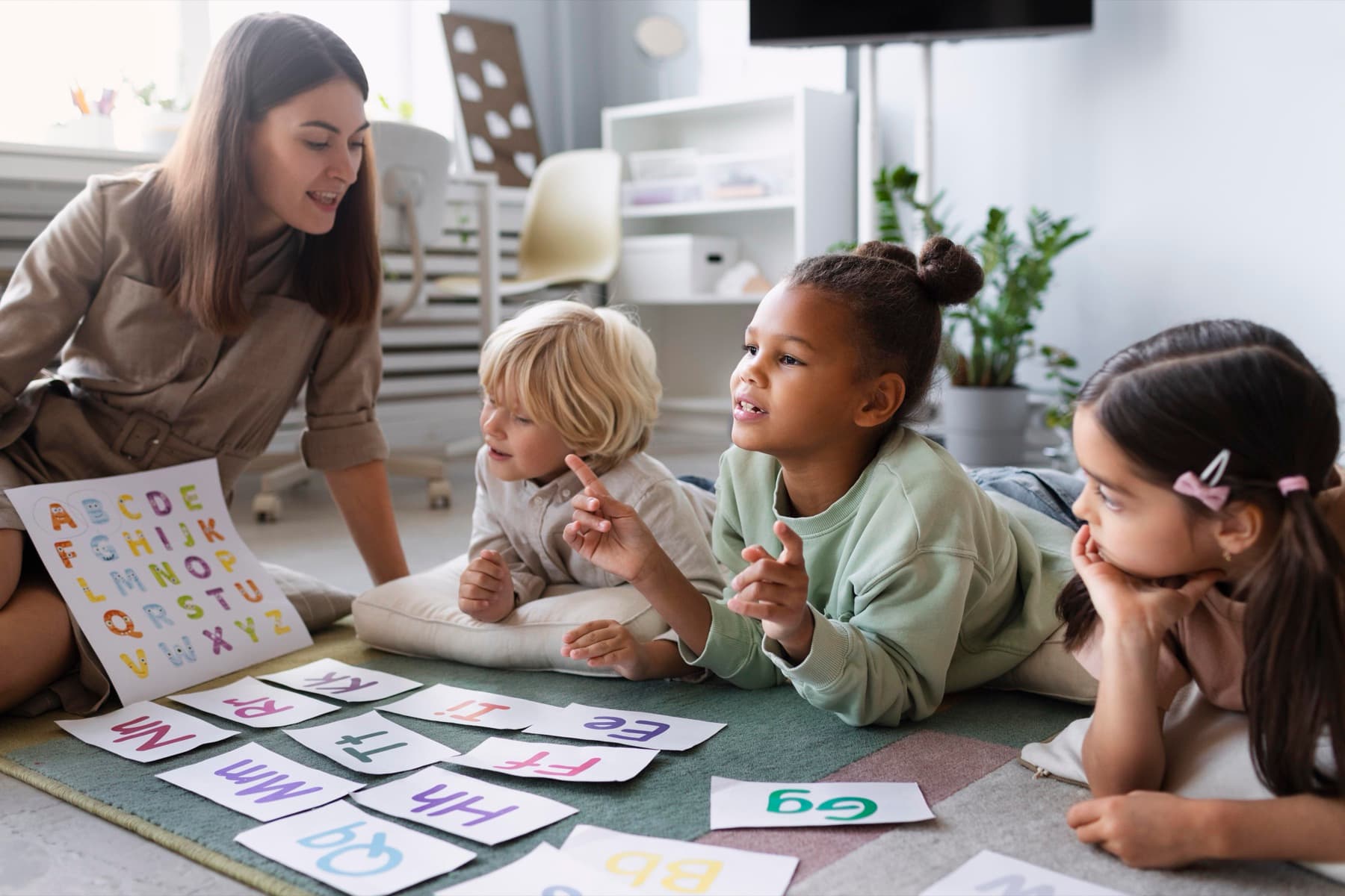 Children engaged in a learning activity with letter cards