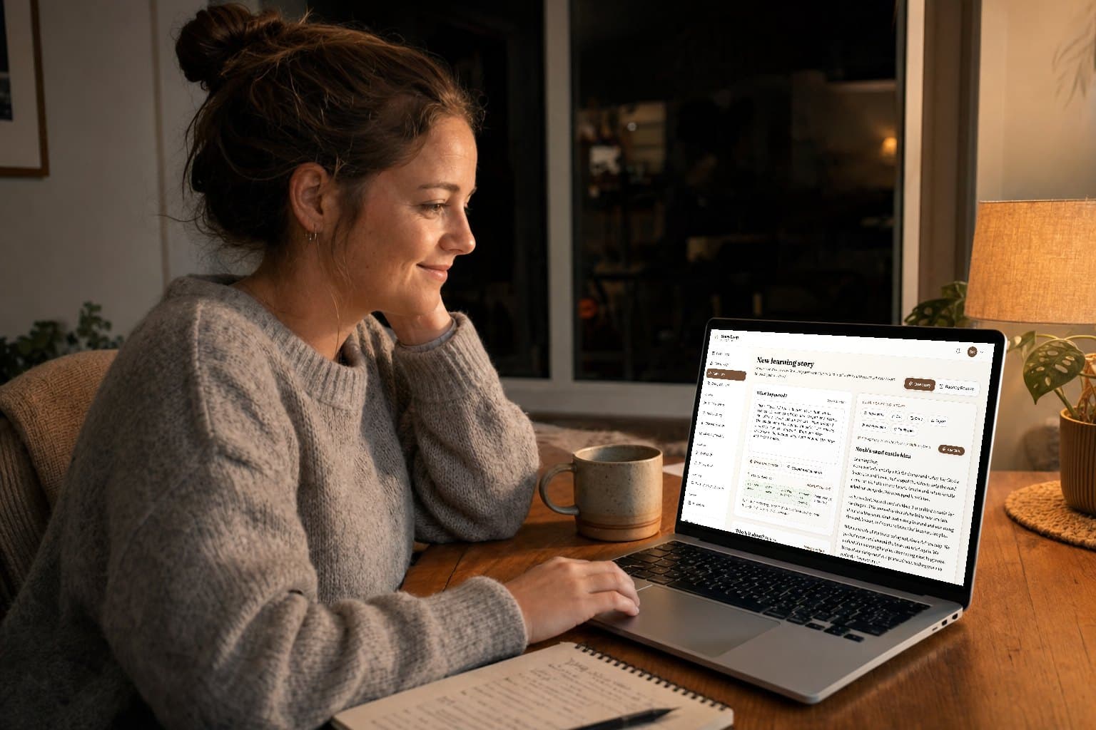 An educator at her kitchen table in the evening, smiling at a StoryLoop learning story draft on her laptop